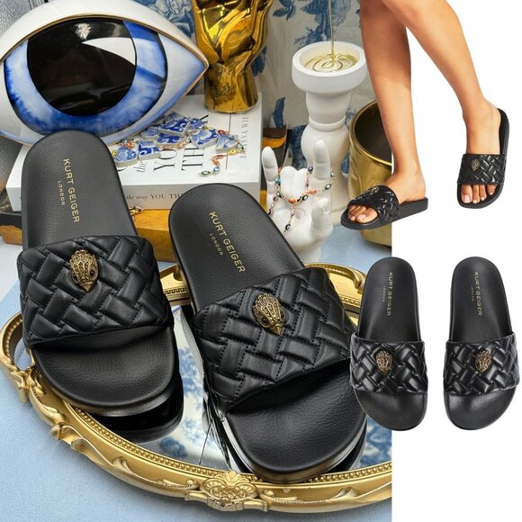 🆕 KURT GEIGER LONDON 🧿 NWOT Meena Eagle Slide, Quilted Black - Sz 39 US 8.5 - Picture 1 of 12